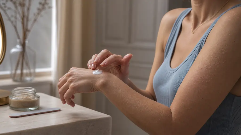 adult gently applying moisturizer to the back of one hand, small rough bumps visible on the upper arm, nail file and harsh scrub set aside