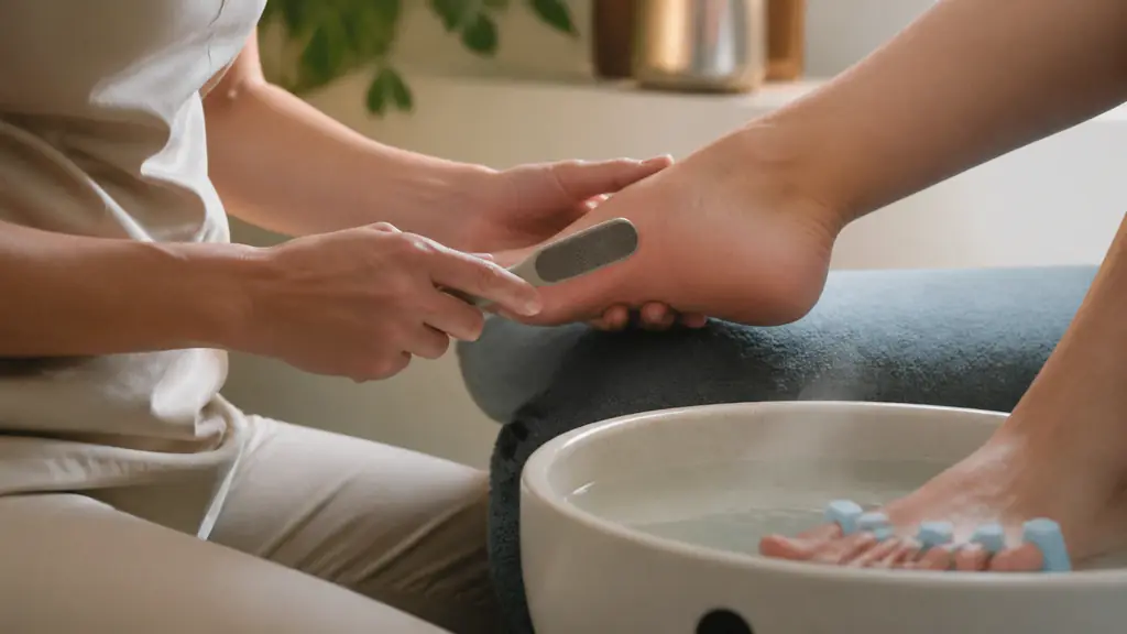 Editorial close-up photograph of an esthetician gently smoothing heel calluses with a foot file beside a warm foot bath and toe separators, clean beauty salon, no text, no logo