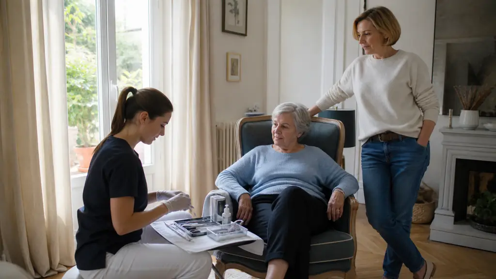 Elderly person seated comfortably in a bright living room while a podiatrist prepares foot care instruments beside an armchair, with a family caregiver nearby