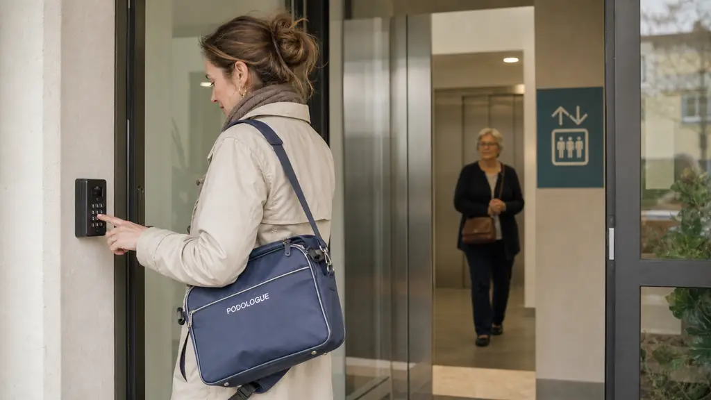 Podiatrist arriving at a senior residence entrance while checking a door access code, with an elevator sign and a family caregiver waiting in the lobby