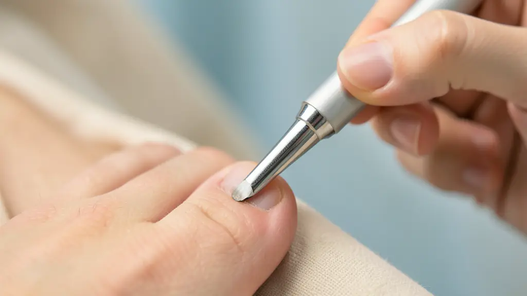 Close-up of a professional podiatry tool treating a thick nail, focused on precision and safety, clinical setting, soft lighting