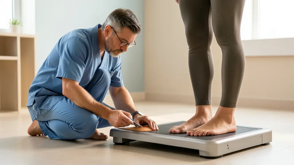 Editorial photograph of a podiatrist examining plantar pressure and foot alignment while a patient stands barefoot beside a walking assessment platform, no text, no logo