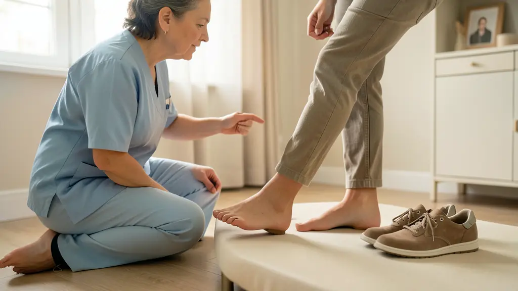 Editorial photograph of a podiatrist observing a patient's foot and ankle during a walking examination, with everyday shoes placed beside the examination area, no text, no logo
