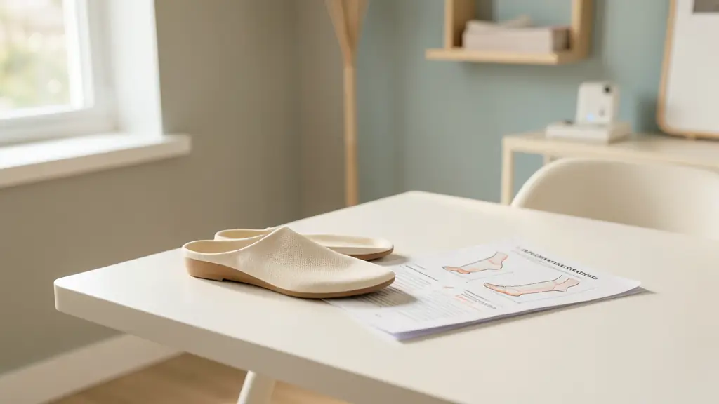 A professional podiatry clinic setting, showing custom orthotic insoles on a white table next to a biomechanical gait analysis report, soft natural lighting, editorial style