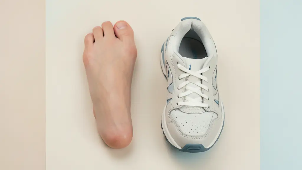 Top-down editorial photograph of a bare right foot beside a stable walking shoe, heel arch and forefoot clearly visible, soft clinical lighting, no text, no logo