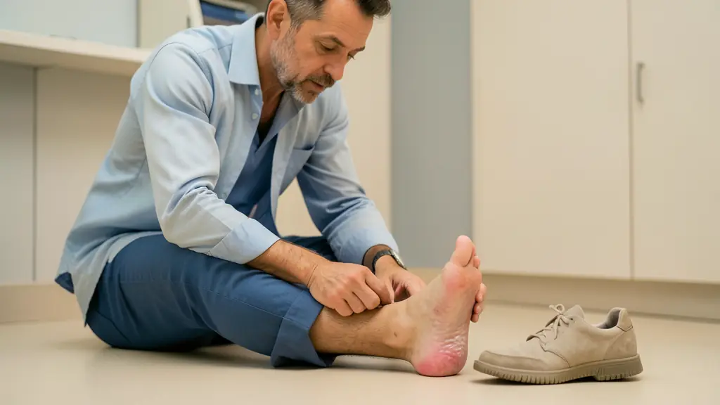 Editorial photograph of an adult seated while examining a suddenly swollen right foot, loose shoe placed nearby, neutral medical setting, no text, no logo