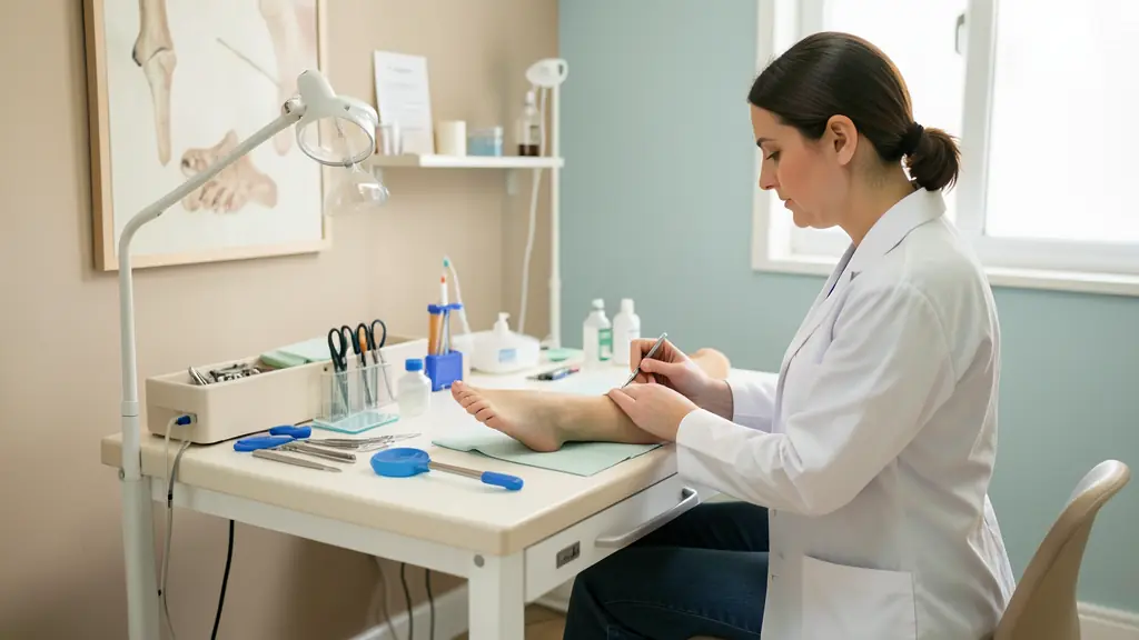 Professional podology clinic interior, focusing on a sterilized foot care station with medical tools and a patient's foot being examined by a specialist