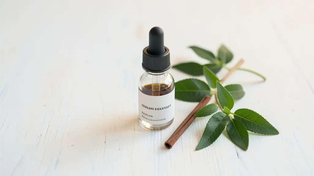 A high-angle editorial shot of a small glass dropper bottle, a sprig of fresh clove, and a few tea tree leaves on a clean white wooden surface, soft natural lighting, pharmaceutical aesthetic