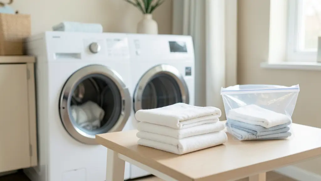 A clean, bright laundry room scene with a modern washing machine, a stack of folded white linens, and a clear plastic airtight storage bag on a table, editorial style