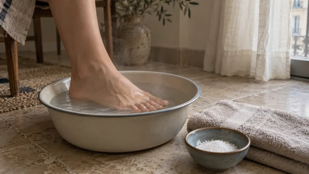 Close-up editorial photograph of a foot soaking in a small basin of warm water, with a folded clean towel and a bowl of table salt beside it, no text or logo
