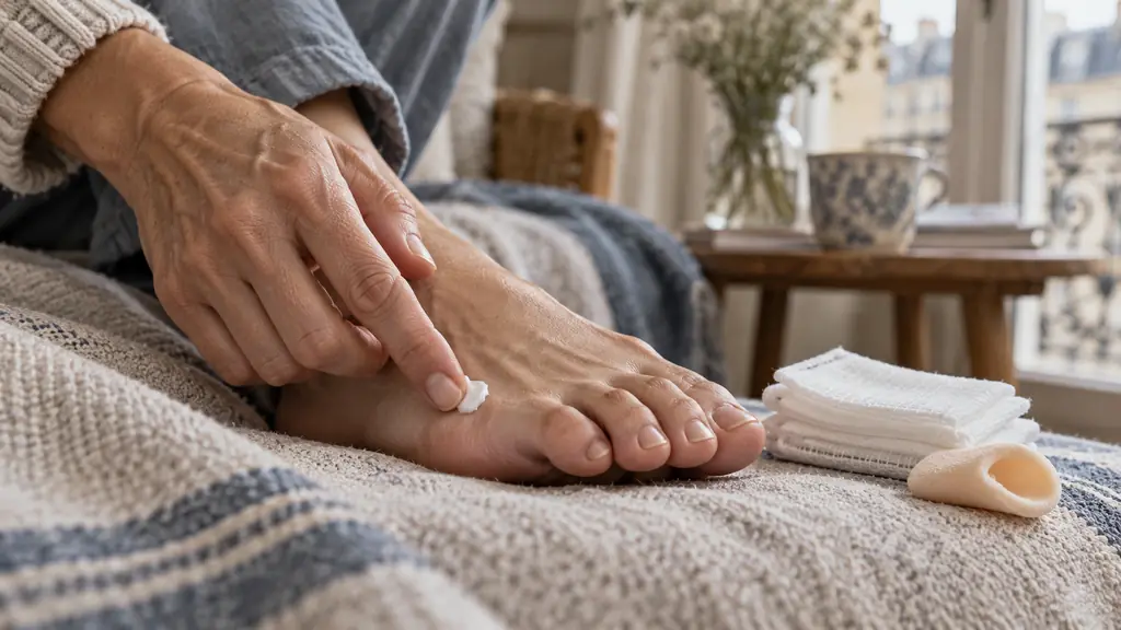 Editorial close-up photograph of a hand gently applying moisturizing cream around a big toe, with sterile gauze and a soft toe cushion beside the foot, no text or logo