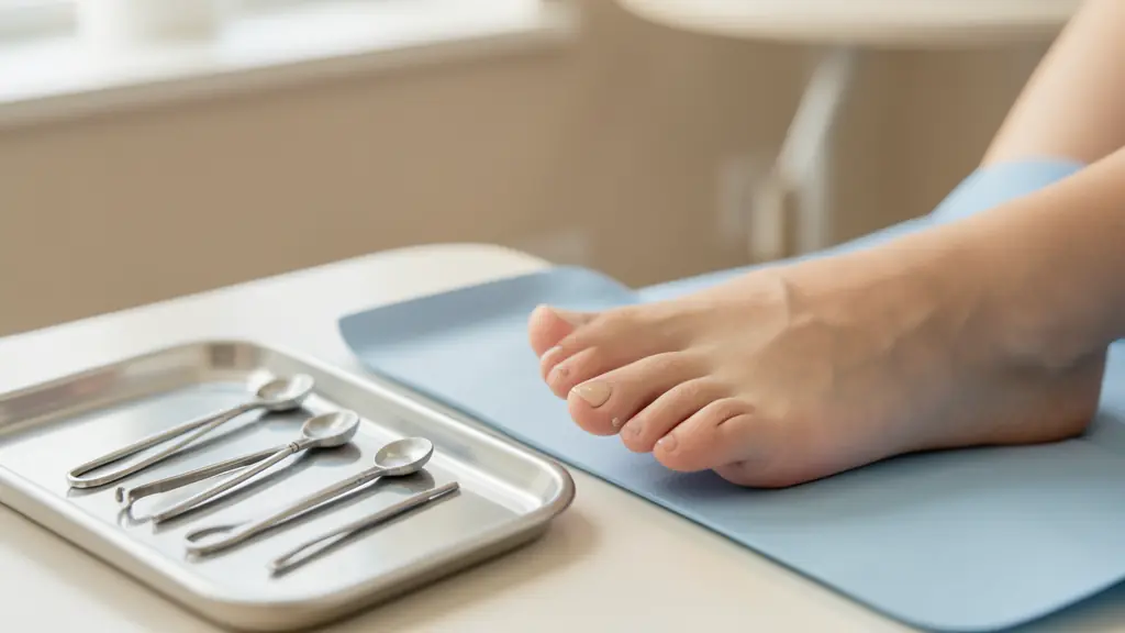 Close-up of a professional podology clinic setting, focusing on a sterile instrument tray and a patient's foot with a medical resin nail reconstruction, soft natural lighting, editorial style