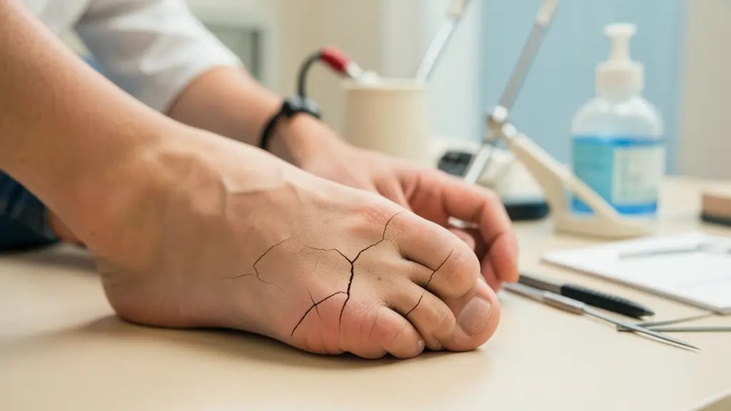 Close-up of a foot with deep cracked heels, focusing on the skin texture and a medical consultation setting with a podologist's tools in the background