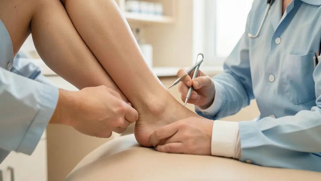 Close-up of a professional podiatry consultation, focusing on a patient's foot being examined by a specialist with medical tools, clinical environment, soft lighting