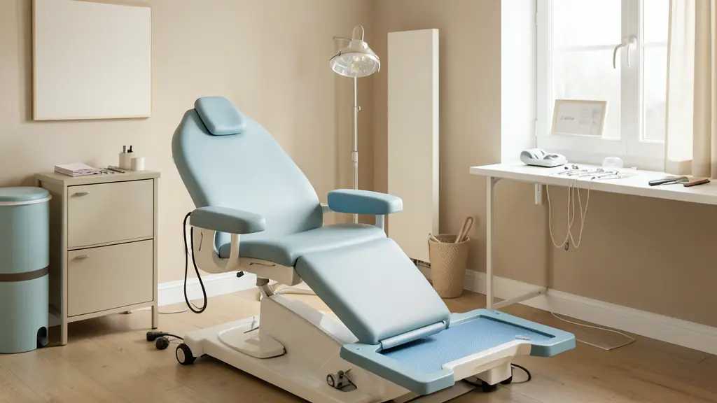 Editorial photograph of a podiatry consultation room with examination chair, foot care instruments and gait assessment platform, no text, no logo