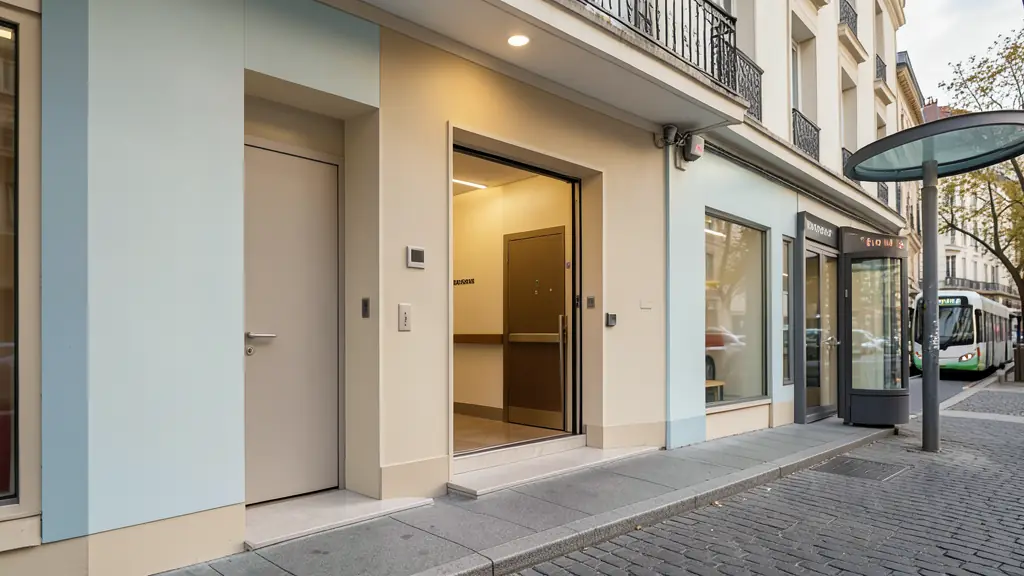Editorial photograph of an accessible podiatry clinic entrance in Lyon with a tram stop nearby, level doorway and visible elevator lobby, no text, no logo